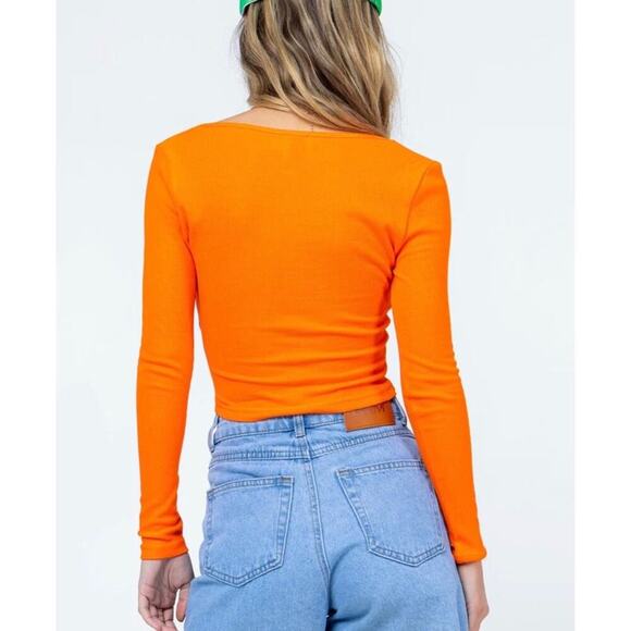 PRINCESS POLLY | Orange Ribbed Long Sleeve Crop Square Neck Kinsey Top Sz. 8 - Picture 2 of 5